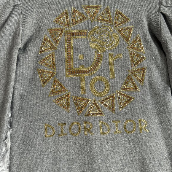 Dior Sweater Womens Small Gray Beaded Rhinestone Logo Puff Sleeve Knit Pullover - Picture 5 of 10